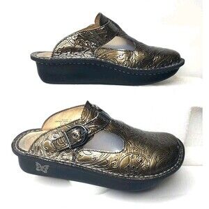 Alegria  ALG -511 Classic Leather Slingback Clog Mules Women 7 Pewter Embossed